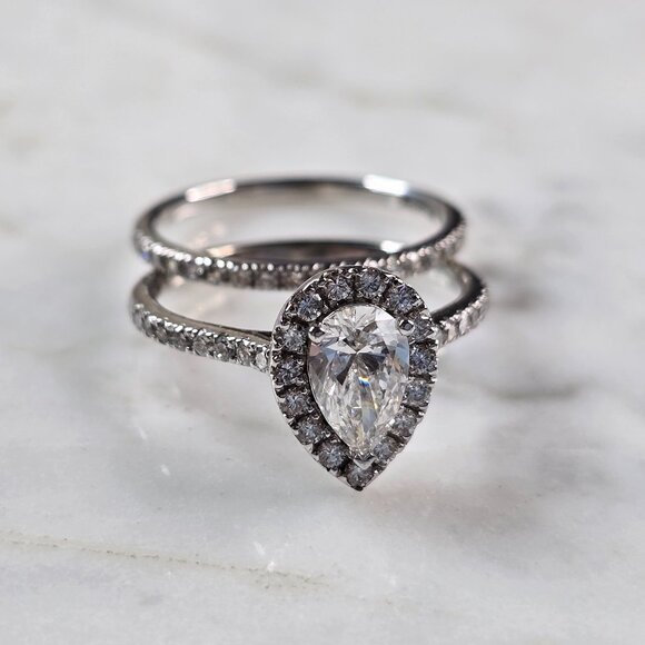 Womens Estate 14k White Gold Lab Diamond Ring Set 5.2g #E6228